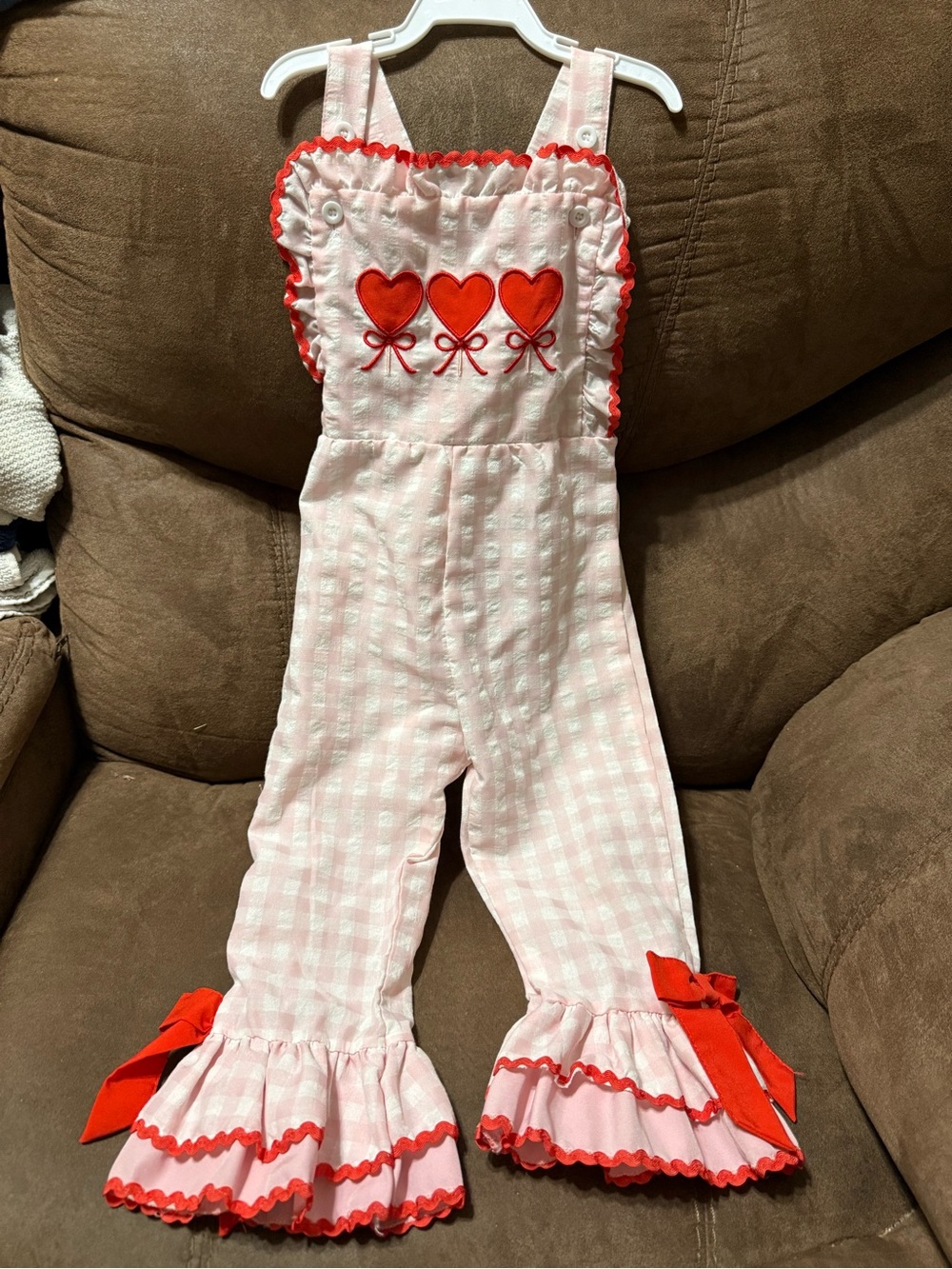 Pink Gingham Heart Applique Ruffle Overalls